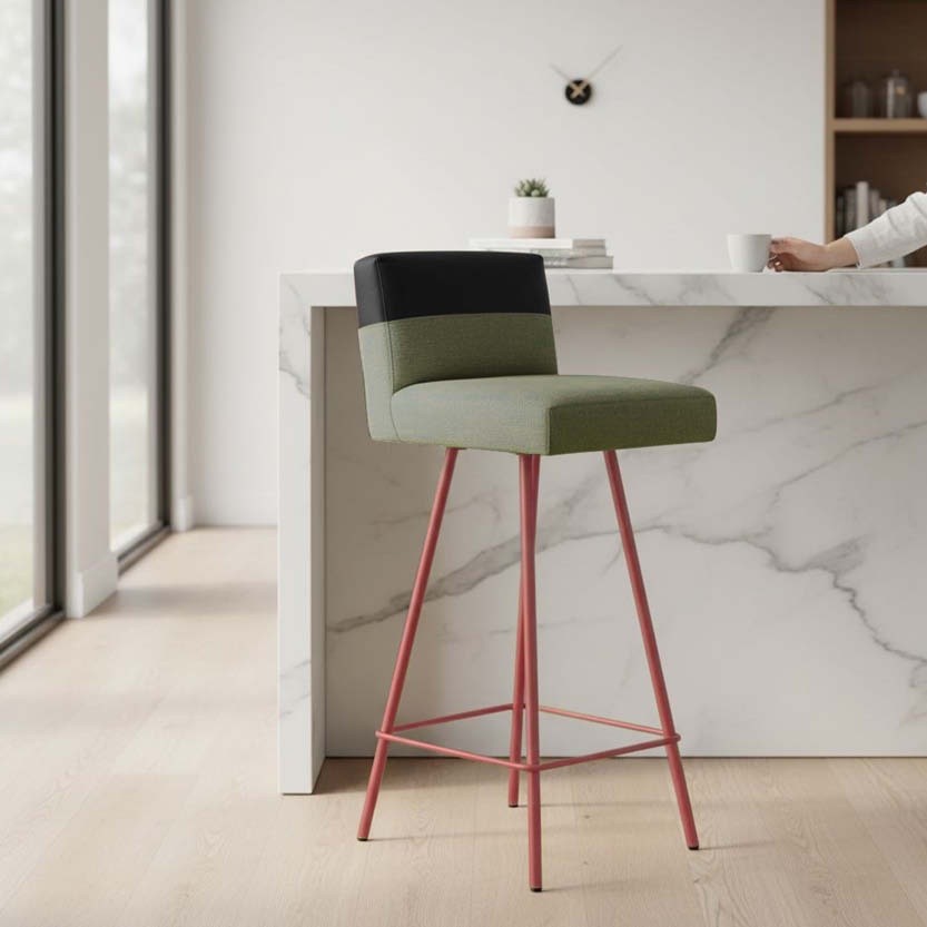 Banqueta Paris Duo Moderna Ferro Bronze Estofado Suede Linho Verde / Preto