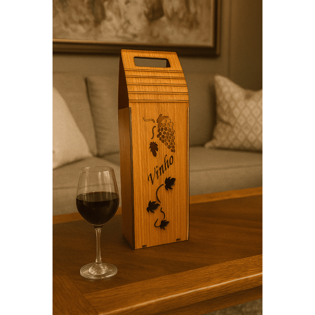 Porta Vinho Com Alça Nogueira MDF – Caixa Presente para Garrafa de Vinho  – Presente Elegante mdf