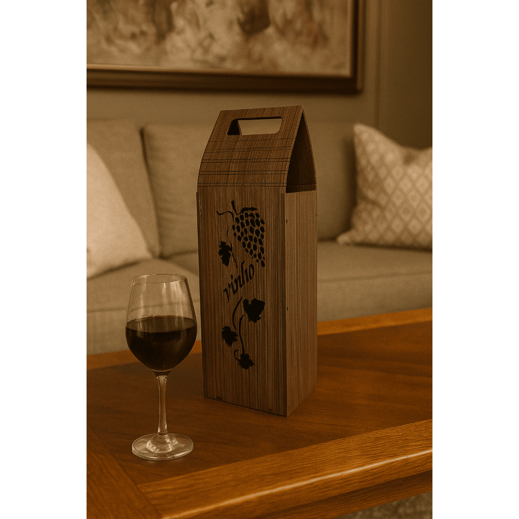 Porta Vinho Com Alça Tabaco MDF – Caixa Presente para Garrafa de Vinho  – Presente Elegante mdf