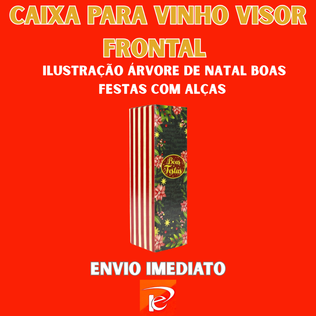 Caixa para Vinho Visor Frontal Ilustração Árvore de Natal Boas Festas com Alças