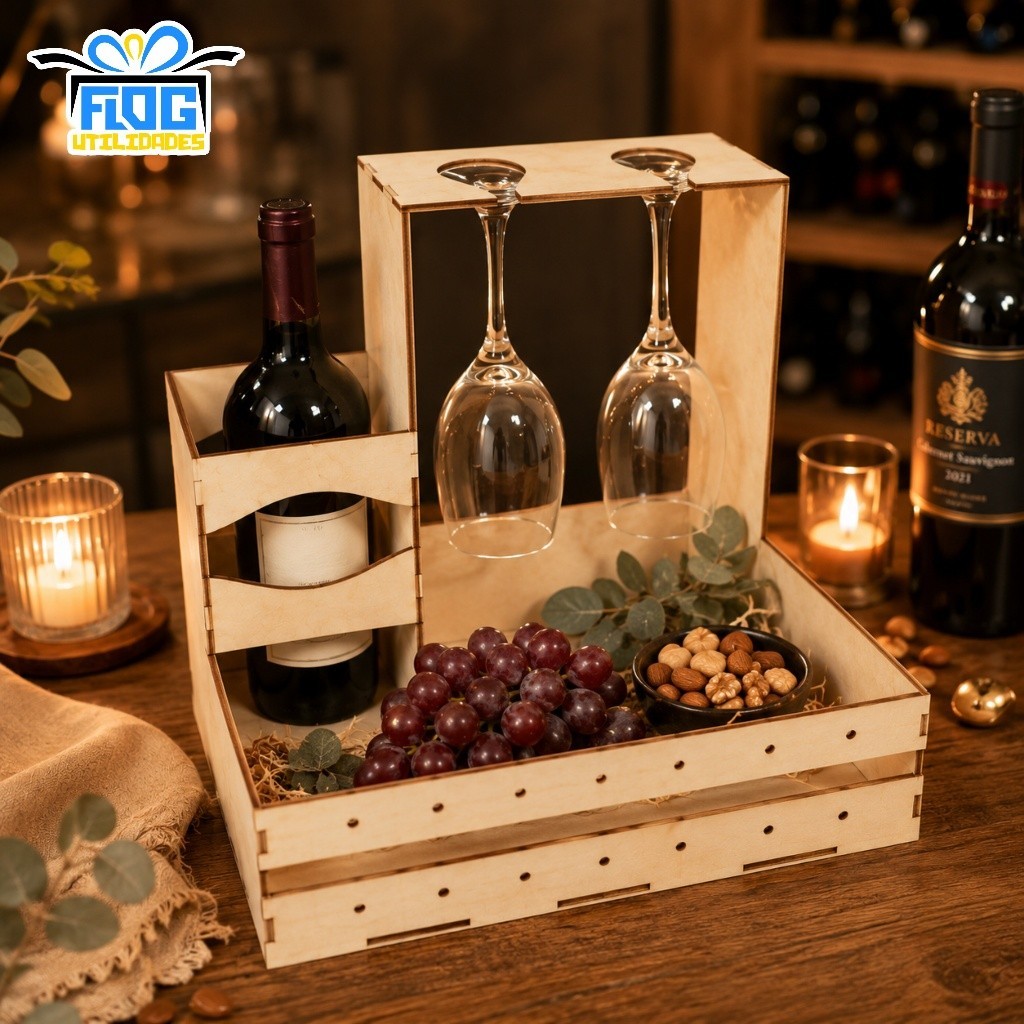 Bandeja para VINHO e TAÇA suporte -  Caixa Cesta de Presente Lembrança Ocasiões Especiais - MDF Multiuso Festa Natal