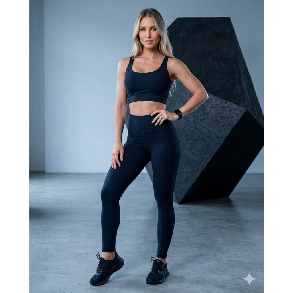 Conjunto Fitness Feminino Legging Bolso Lateral Top Suplex Grosso Zero Transparência Academia Treino