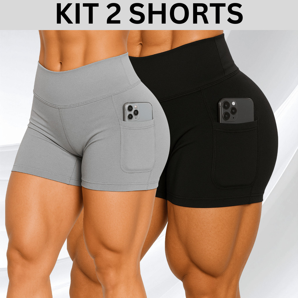 KIT 2 Shorts Com Bolso Lateral Feminino Lisos de Suplex Grosso Academia Corrida e Treino Sem Transparência Crossfit