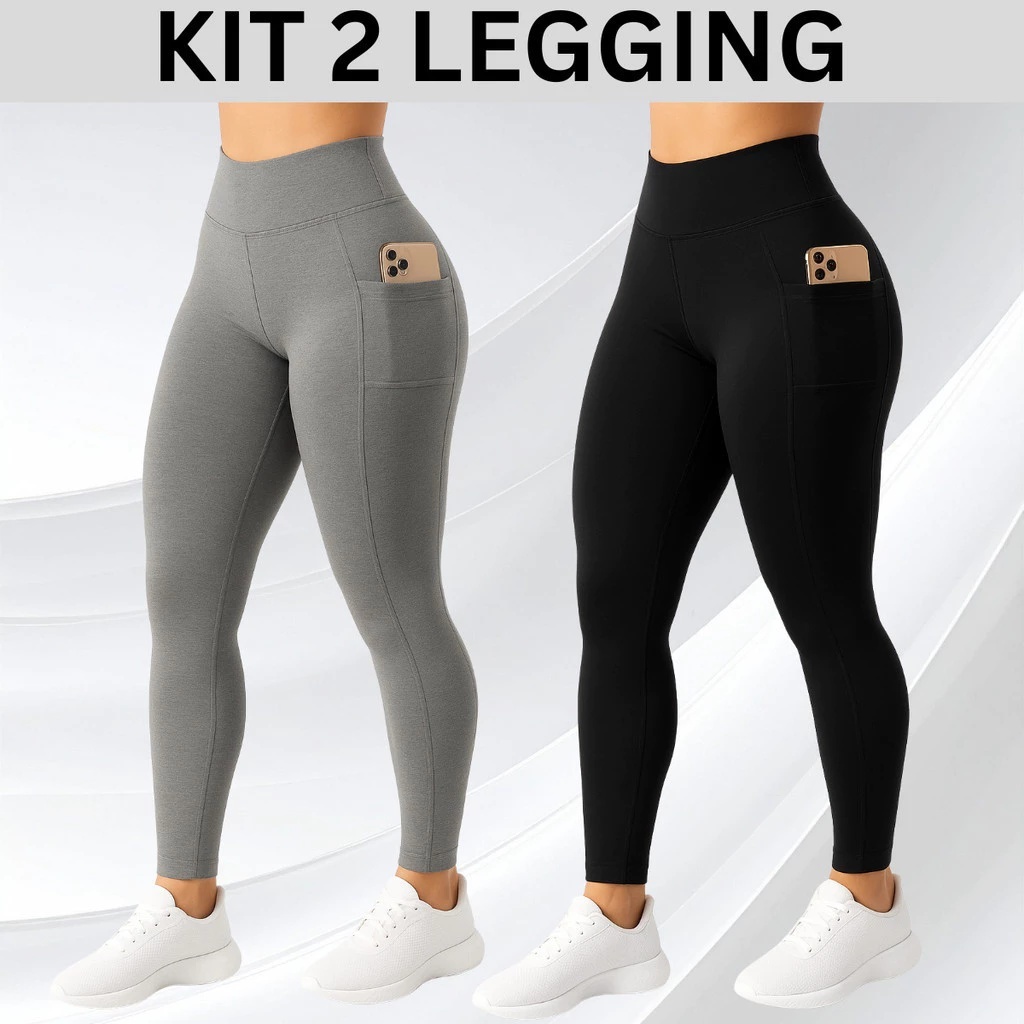 Kit 2 Calças Legging com Bolso Cintura alta Zero Transparência Tecido Grosso