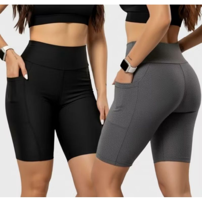 Kit 2 Shorts Feminino com Bolso Lateral | Suplex Grosso | Cintura Alta | Academia, Corrida e Treino