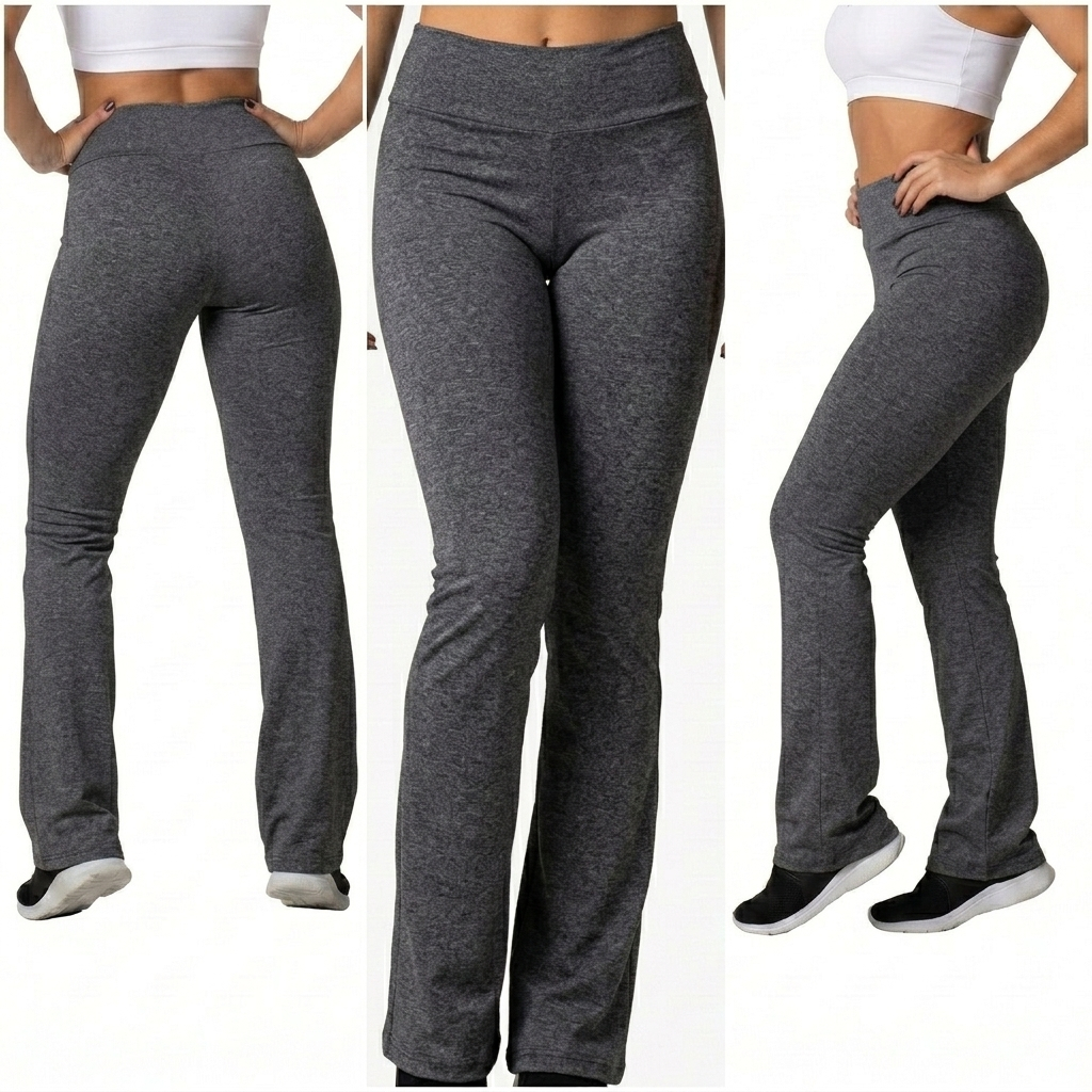 Calça Leg Flare Cinza Mescla Boca De Sino Cintura Alta Feminina Tecido Grosso Sem Bolsos