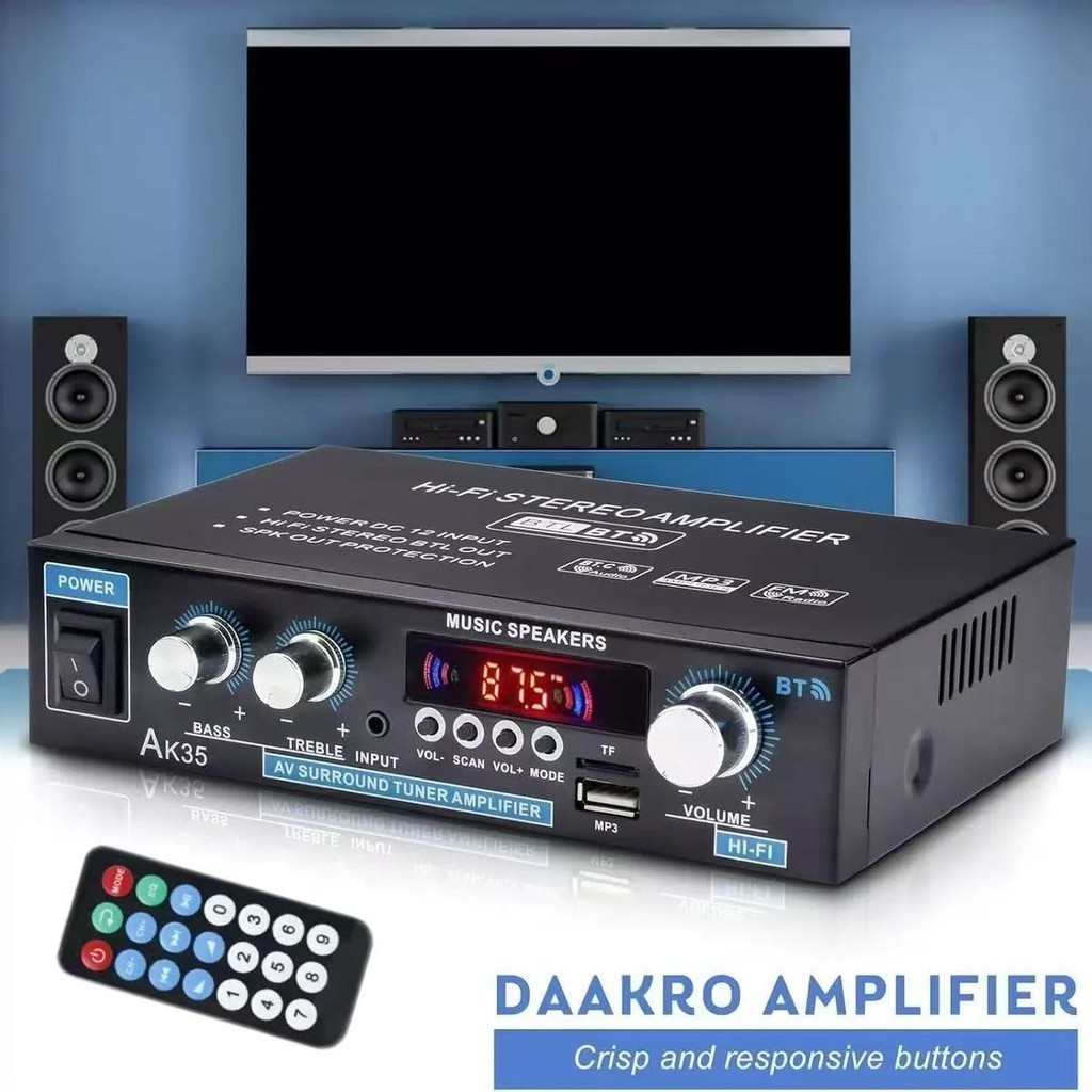 Mini Amplificador Áudio AK35 Bluetooth 5.0 Estéreo HIFI Com Controle Remoto Suporte USB TF FM AUX Ajuste Graves Agudos