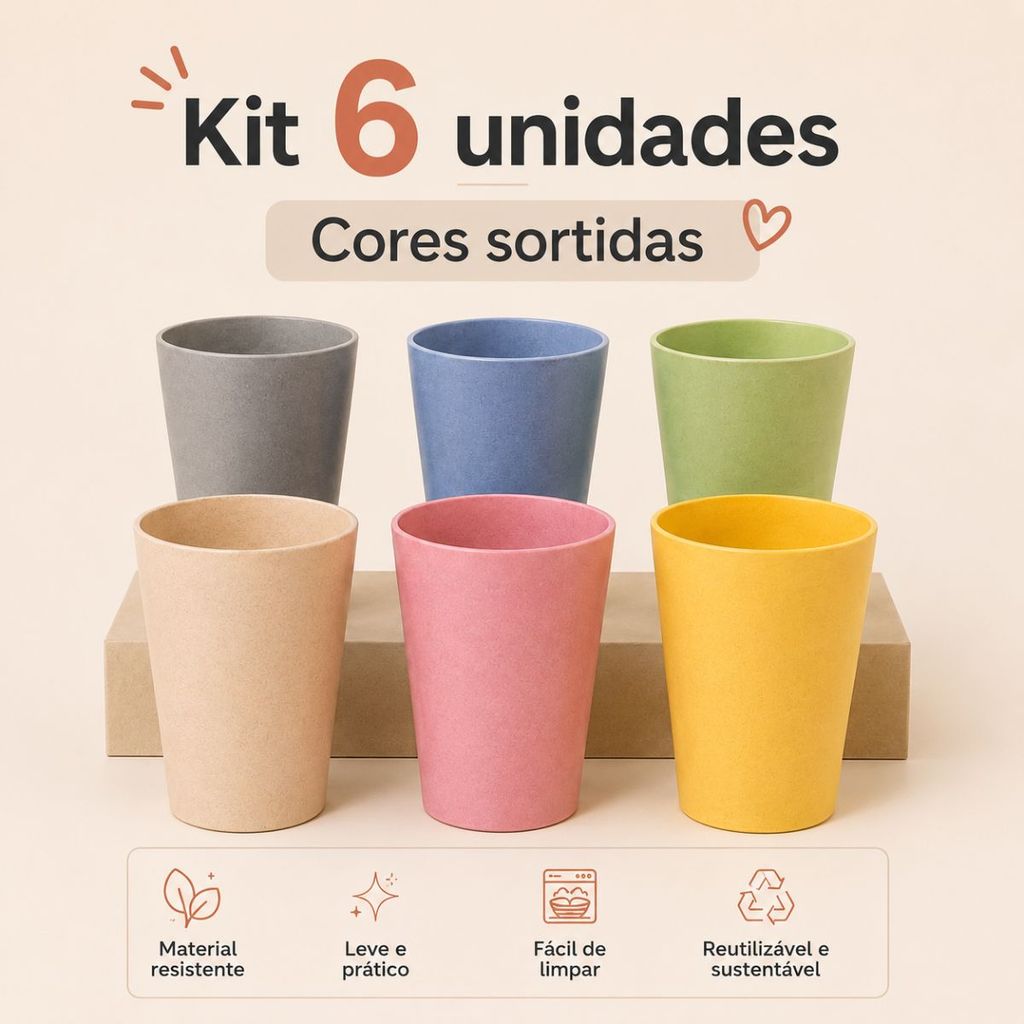 Kit 6 Copos 250ml Palha de Trigo PP Alimentício Liso Colorido Doméstico Cores Sortidas