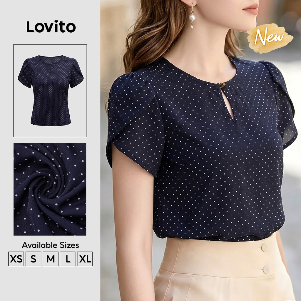 (New Arrival) Lovito Polka Dot Short Sleeve Round Neck Ruffle Geometric Spring Summer Workwear Dark Blue Blouse for Women BLB204P1D703