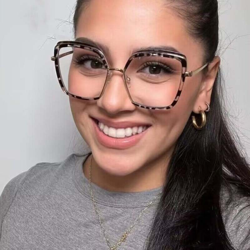 Retro Square Women Clear Anti-blue Light Glasses Frame Fashion Spring Hinge TR90 Metal Optical Men Leopard Pink Frames