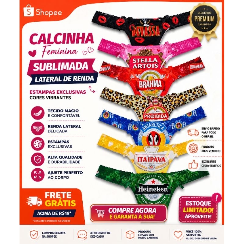 Kit 5 Calcinhas Tangas Temáticas Bebidas Estampas variadas Detalhes em Renda Lateral Atacado Revenda