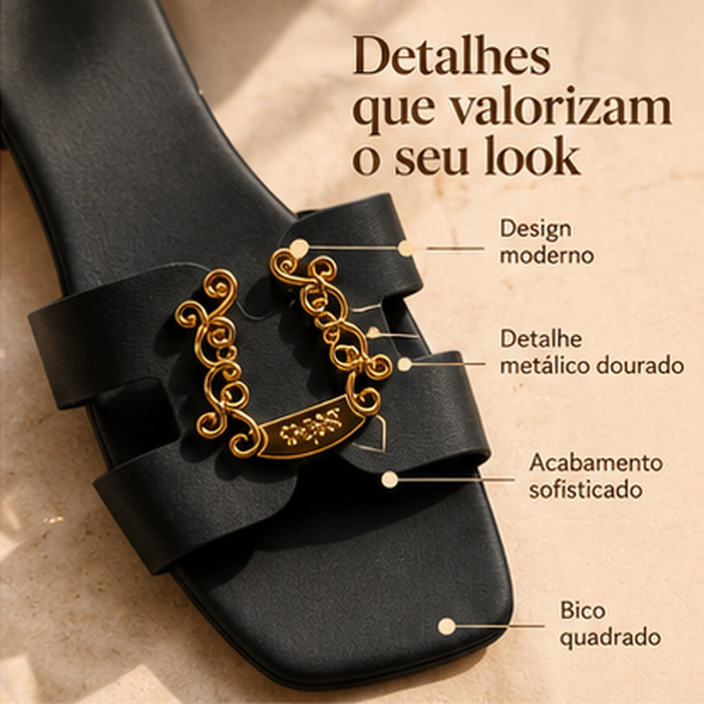 Rasteirinha Feminina Preta Bico Quadrado Detalhe Dourado Sandália Rasteira Elegante Casual Verão Festa