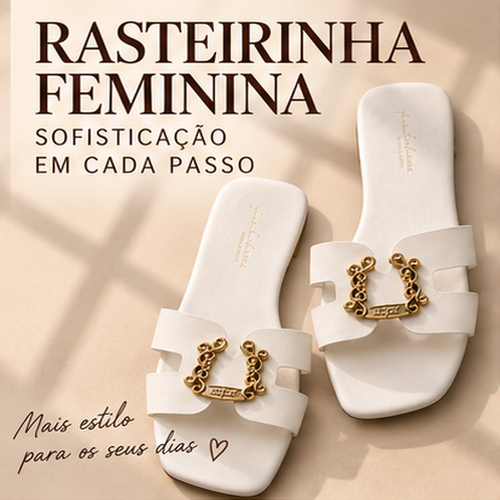 Rasteirinha feminina branca com bico quadrado, tiras largas e detalhe dourado. Elegância e praticidade casual