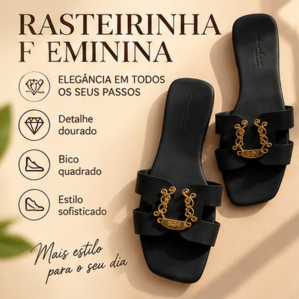 Rasteirinha Feminina Preta Bico Quadrado CASUAL Detalhe Dourado Sandália Rasteira Elegante Casual Verão Festa