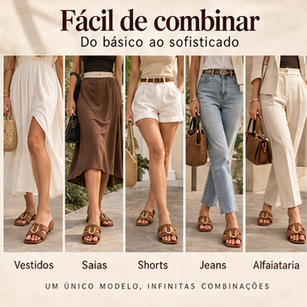 Sandália Rasteira Feminina Caramelo Bico Quadrado Detalhe Dourado Elegante Casual Dia a Dia Verão