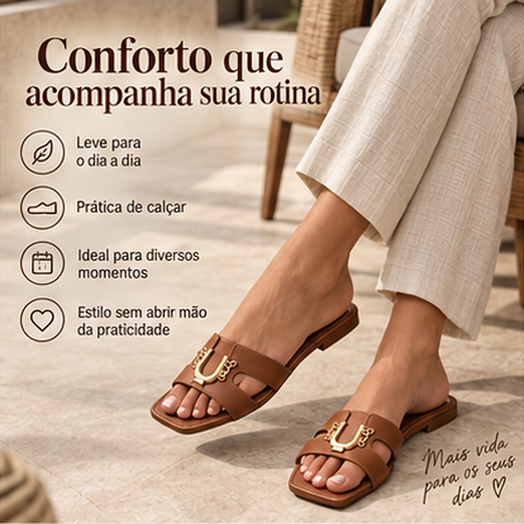 Rasteirinha Feminina Caramelo Bico Quadrado Detalhe Dourado Sandália Rasteira Elegante Casual Verão