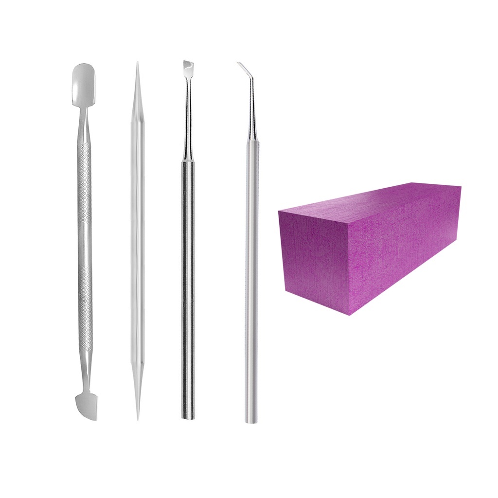 Kit Cutelaria 04 Instrumentos Aço Inox + Lixa Bloco Polidora Profissional