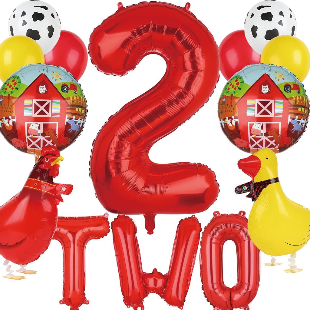 Farm Animal Theme 2nd Birthday Party Decor - 14 Pcs Walking Animal Balloons, Cow, Pig, Duck, Rooster, Large Number 2 Bal
