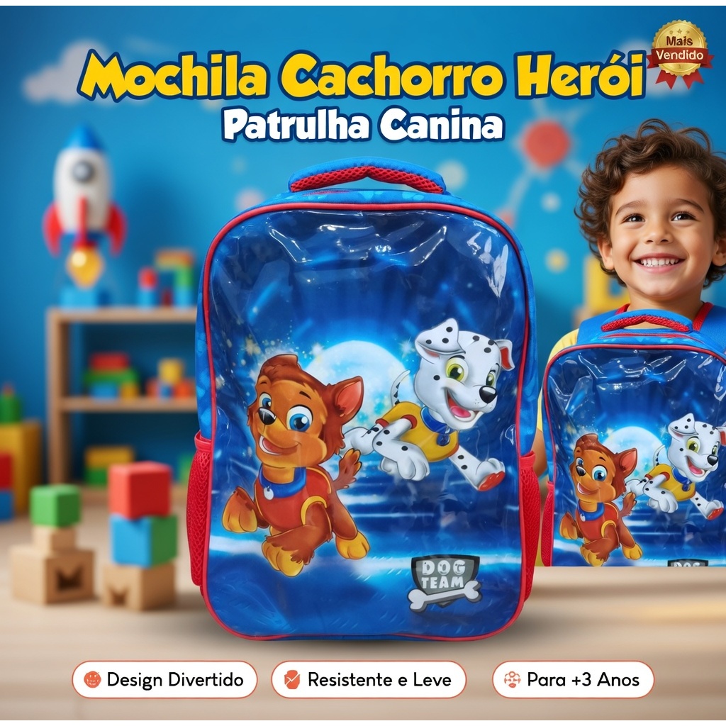 Mochila Escolar Infantil Cachorro Herói Costas Bolsos Lancheira Confortável Sortida Meninos
