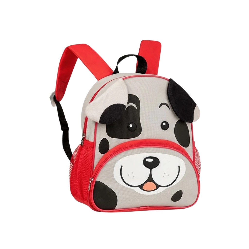 Mochila Infantil Escolar Costas Cachorro Cinza Clio Leve Prática Estampada Para Crianças Uso Diário