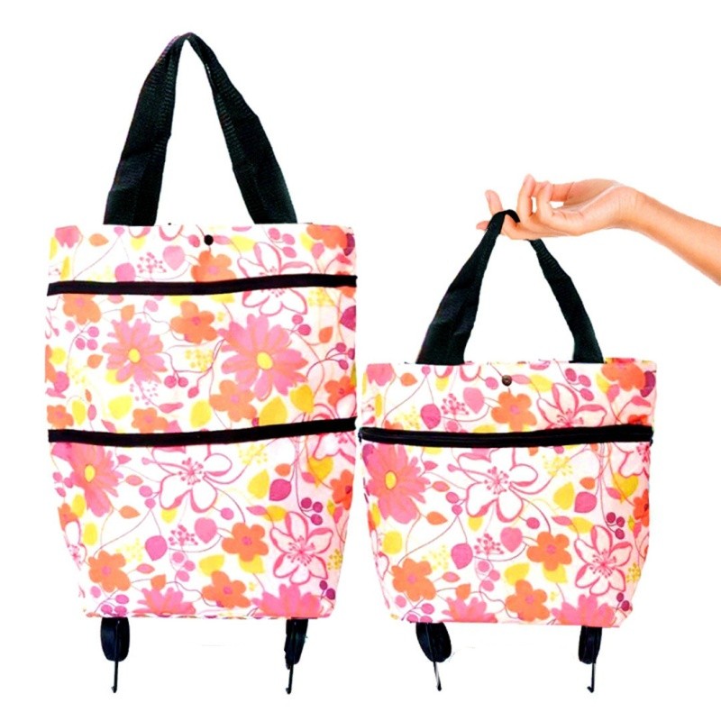 2 Pcs Bag De Compras Com Roda Design Para Arrastar Fácil De Plegar Portátil Armazenamento 3D Regulação De Volume