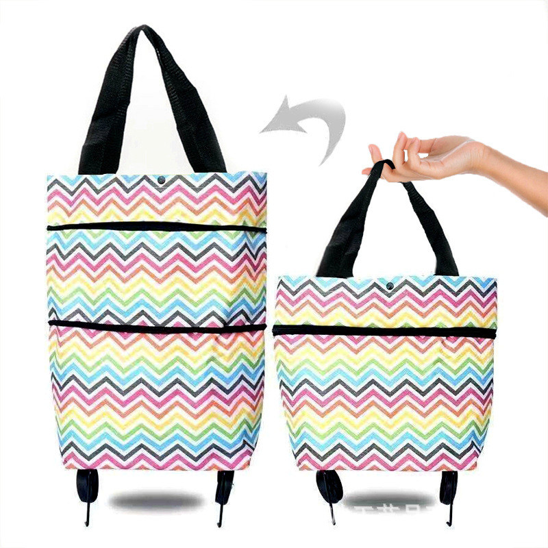 2 Kit Bag De Compras Com Roda Design Para Arrastar Plegável E Portátil Armazenamento 3D Regulação De Capacidade