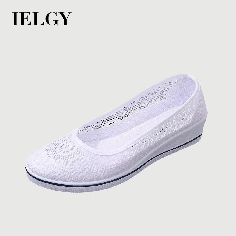 IELGY 2026 Branco , Sapatos De Malha , Oco Respirável casual Enfermeira Com Salto Em Cunha Oca Femininos