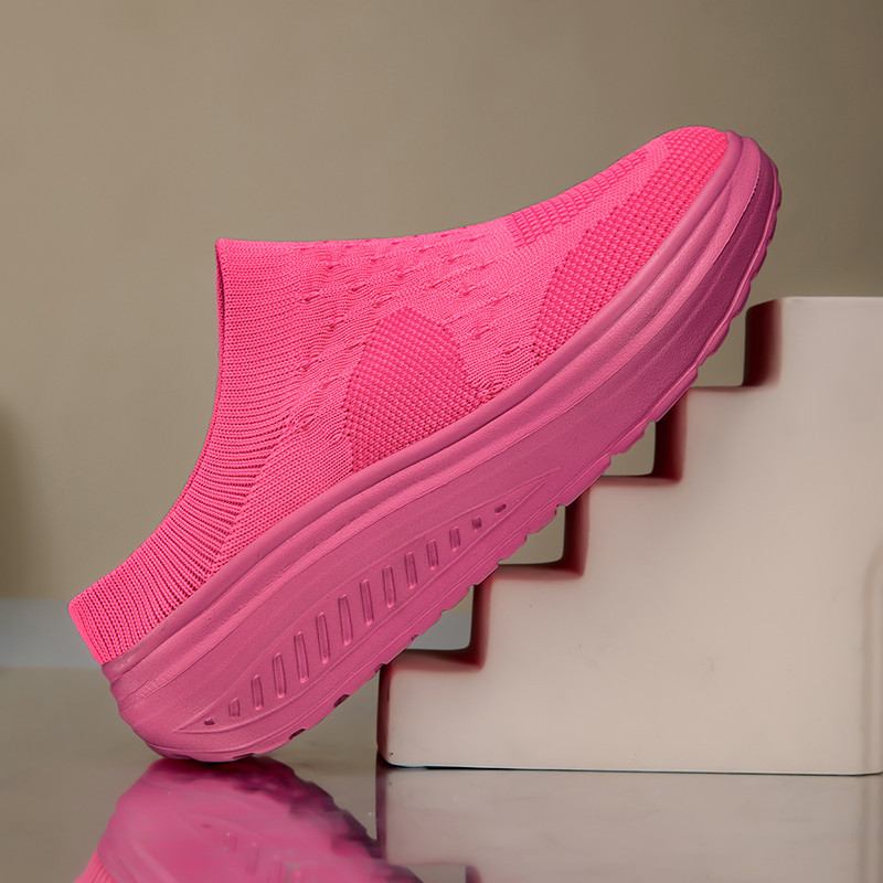 Chinelos Femininos Rosa Vermelho com Malha Oca e Costas Abertas, Plataforma em Wedge para Caminhada, Verão, Uso Interno