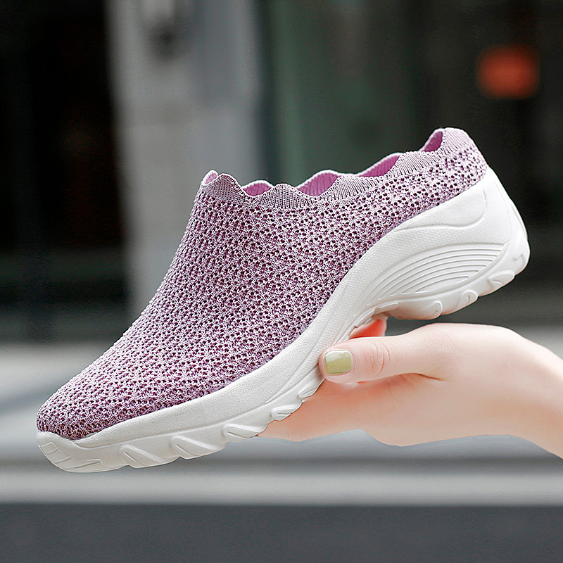 Sapatos Femininos de Malha Oca com Borda Ondulada, Plataforma Antiderrapante, Tênis Respirável para Caminhada para Idoso