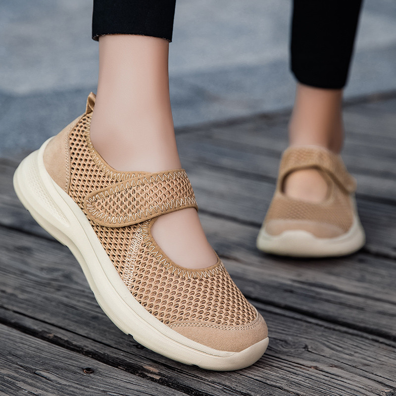 Sapatos Mary Jane De Malha Oca Cáqui Femininos , De Caminhada Respiráveis Com Sola Grossa Para Mulheres Idosas