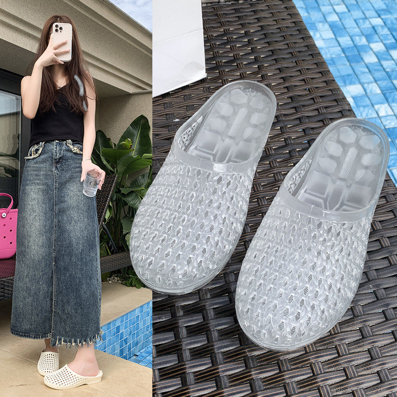 Baotou meia chinelos feminino verão exterior wear moda All-Match malha oca respirável sandálias planas exterior wear pra