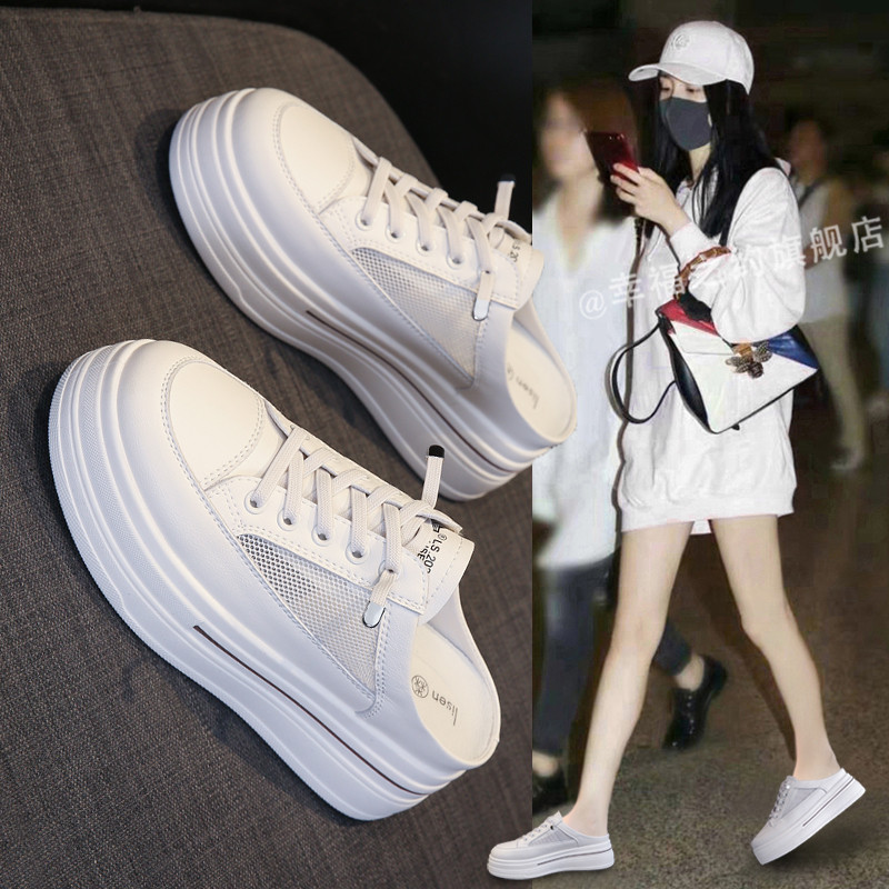 Baotou meia chinelos feminino verão 2026 novo estilo plataforma de sola grossa Muffin sem salto malha oca preguiçoso aum