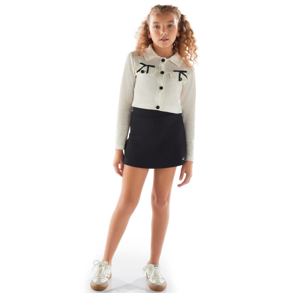 Conjunto Juvenil  Blusa laços E Short Saia Off/Preto - Menina Anjo