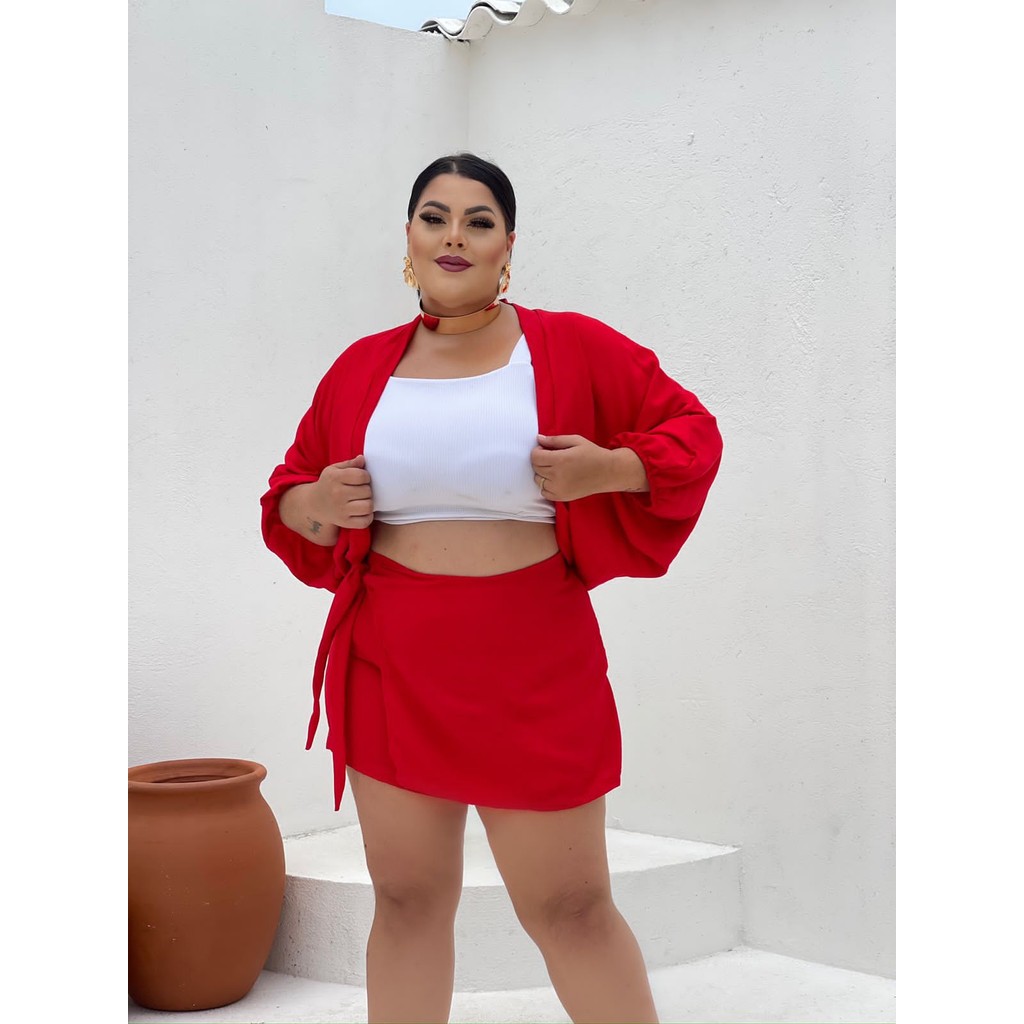 Conjunto Plus Size Short Saia com Laço Lateral Blusa Kimono
