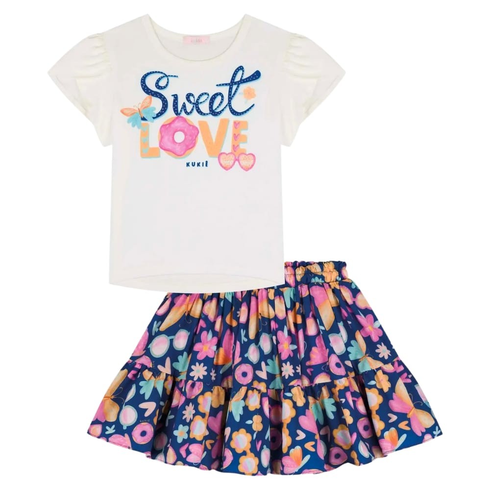 Conjunto Menina Blusa em Cotton e Saia Light Peach Textura c/ Shorts Embutido Kukiê