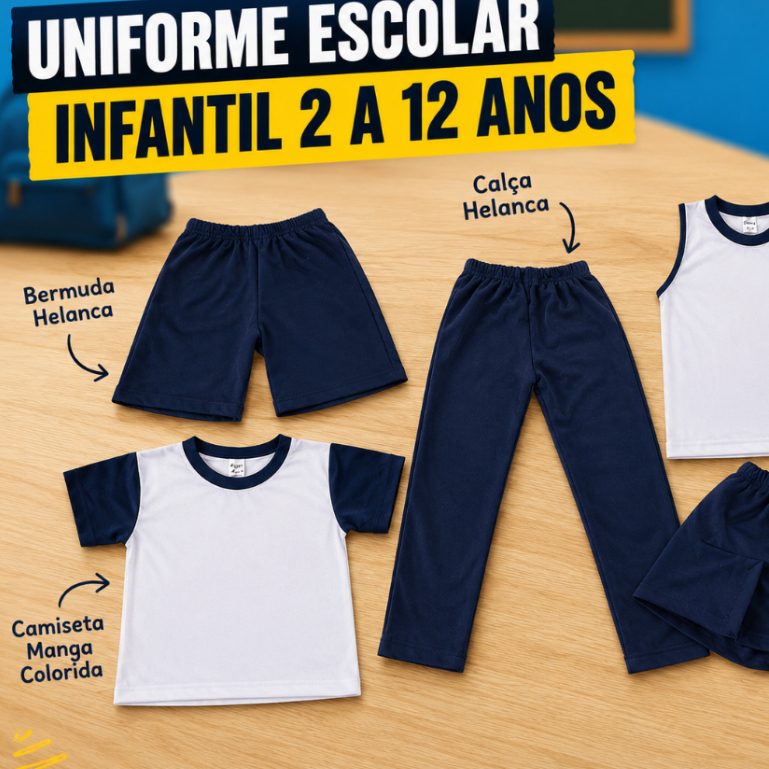 Uniforme escolar infantil short saia calça bermuda camiseta menino menina 2 a 12 anos azul marinho