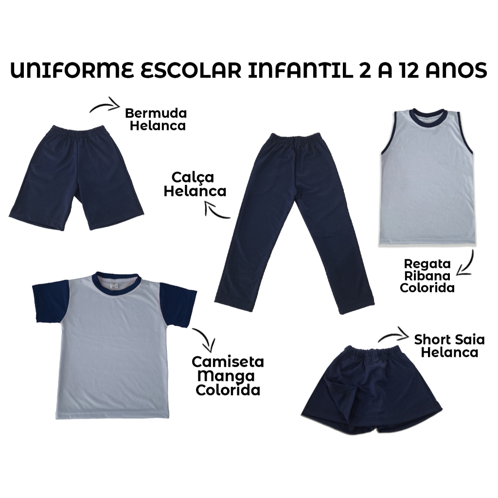 uniforme escolar infantil short saia calça bermuda camiseta menino menina 2 a 12 anos marinho