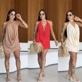 Conjunto Feminino Blusa Frente Única Gola Boba Duna e Short Saia Casual Elegante Moda Verão.