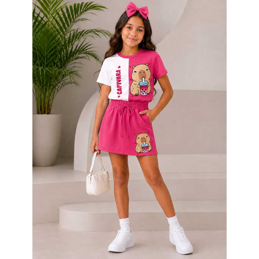 CONJUNTO INFANTIL SHORT SAIA E BLUSA CAPIVARA E STITCH.