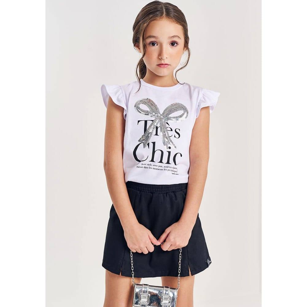 Conjunto Menina Blusa Laço e Short Saia em Sarja Preto Beli.me