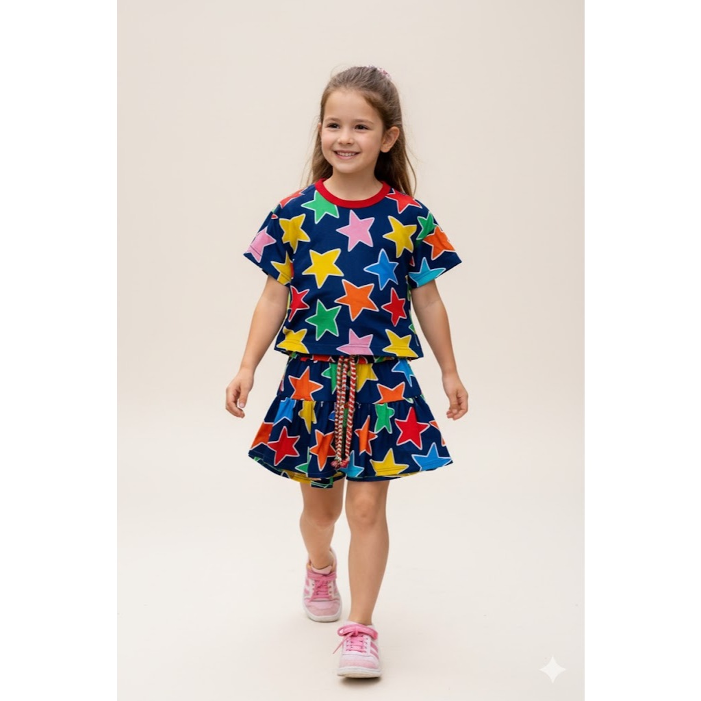 Conjunto Infantil Feminino Verão Sonho Estrela  Camiseta + Short Saia Estampa Estrelas Coloridas Para Meninas