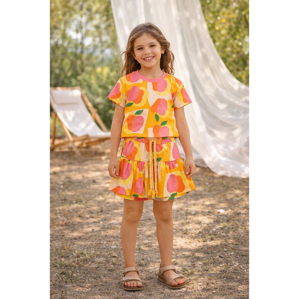 Conjunto Infantil Feminino Verão Dupla De Maça Camiseta + Short Saia Estampa Maça Tropical Para Meninas