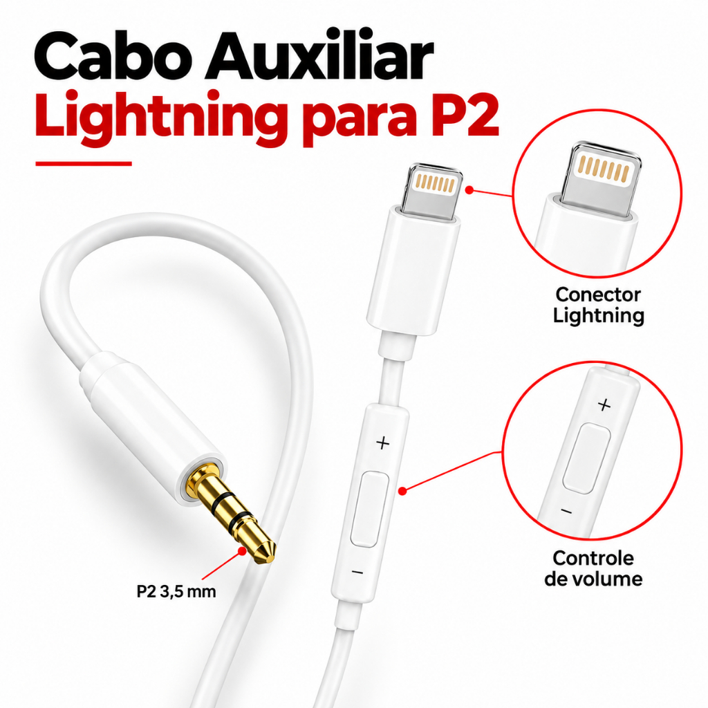 Cabo Auxiliar P2 para iPhone Lightning 1 Metro Áudio DAC Original Altomex