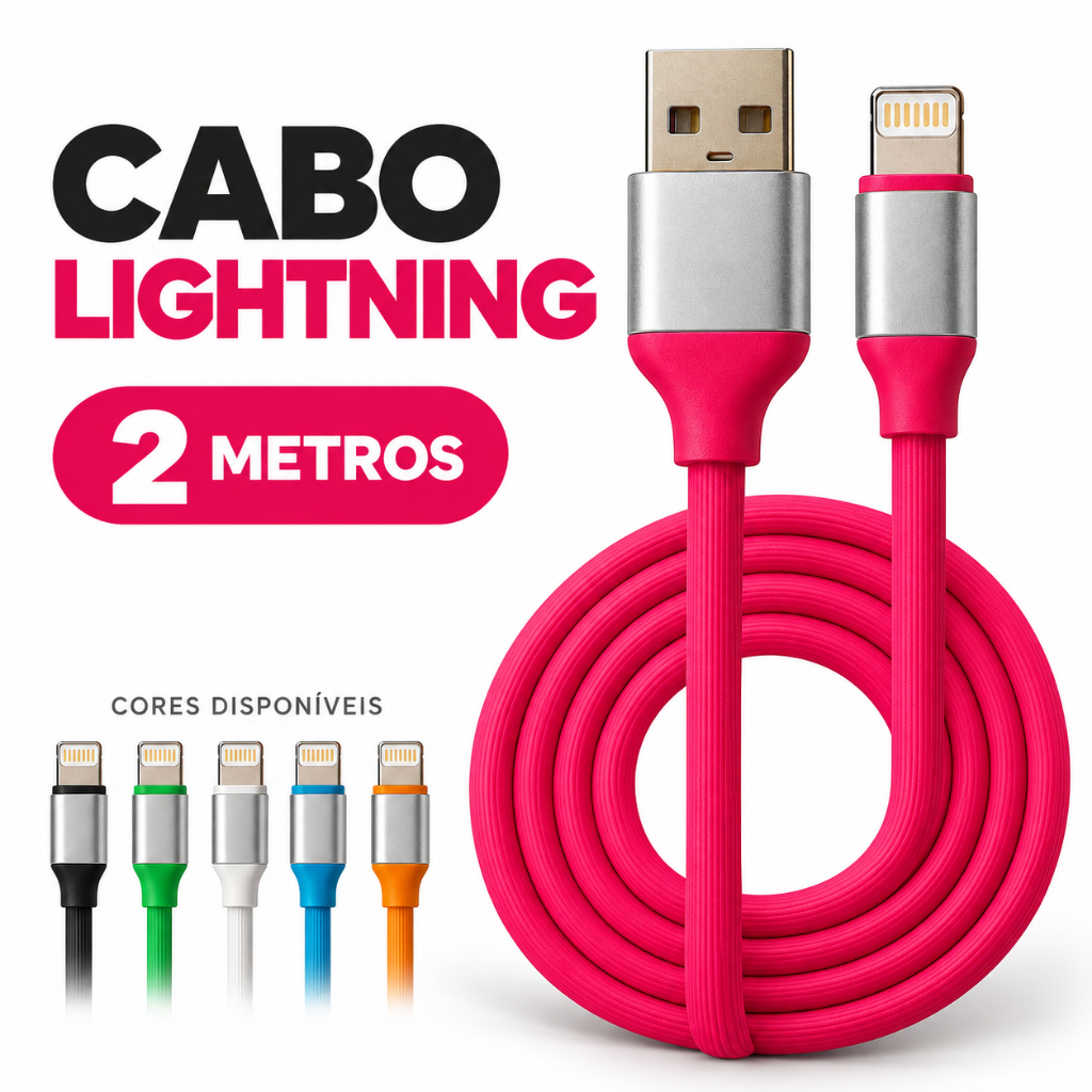 Cabo para iPhone iPad Lightning 2 Metros Emborrachado Cores Sortidas