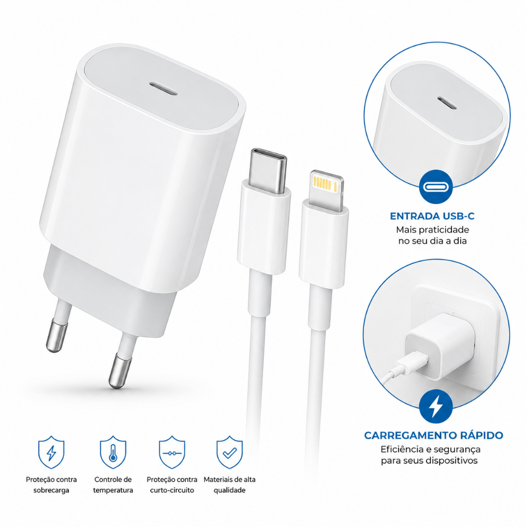 Fonte Carregador Turbo 20W com cabo Tipo C para Lightning iPhone