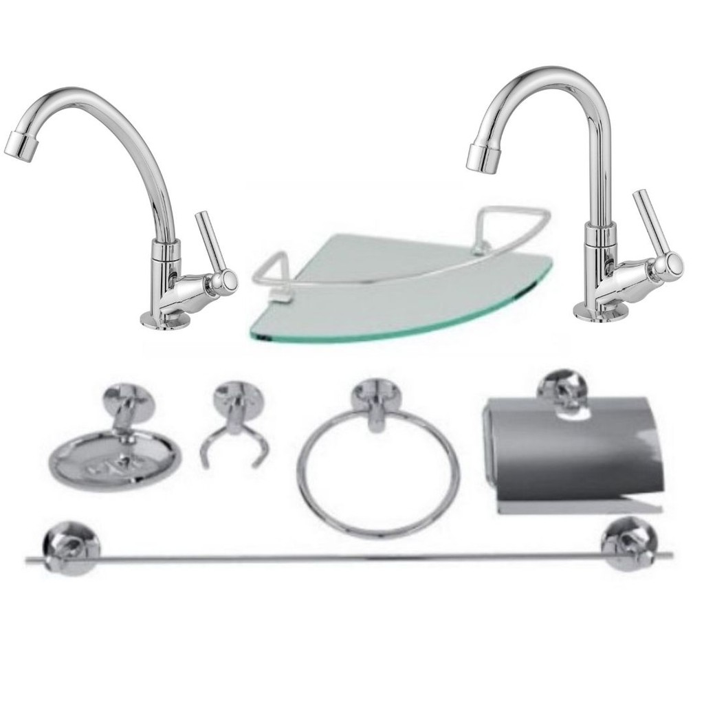 Kit acessórios para banheiro 6 peças aço inox com porta shampoo canto+ 1 torneira para banheiro + 1 torneira de cozinha bancada