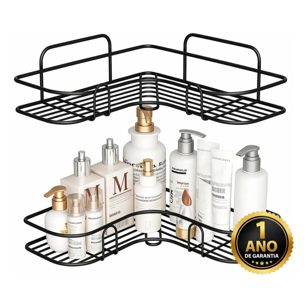 Kit 2 Porta Shampoo Sabonete Suporte De Canto Parede Banheiro Cozinha Prateleira Sem Furar Multifuncional Cor Preto