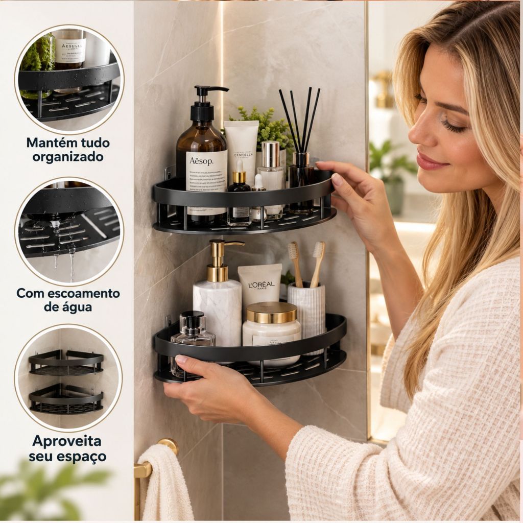 Kit 2 Prateleiras Canto Organizador Banheiro Cozinha Suporte Parede Porta Shampoo Sabonete Temperos