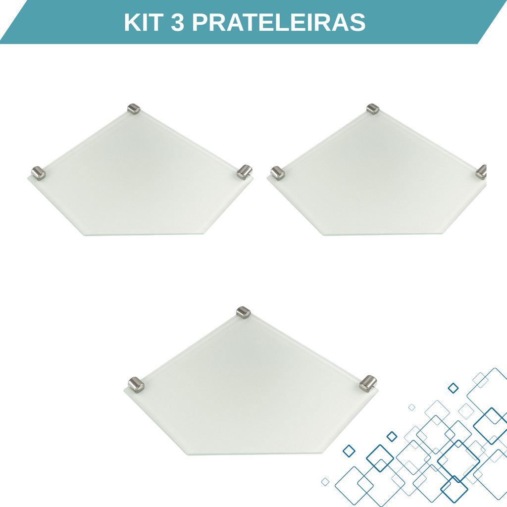KIT 3 PRATELEIRAS VIDRO CANTO BANHEIRO/COZINHA 25X25 8 MM INCOLOR