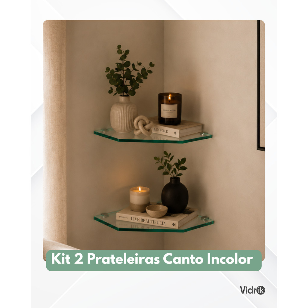 KIT 2 PRATELEIRAS DE VIDRO COZINHA CANTONEIRA 8MM INCOLOR